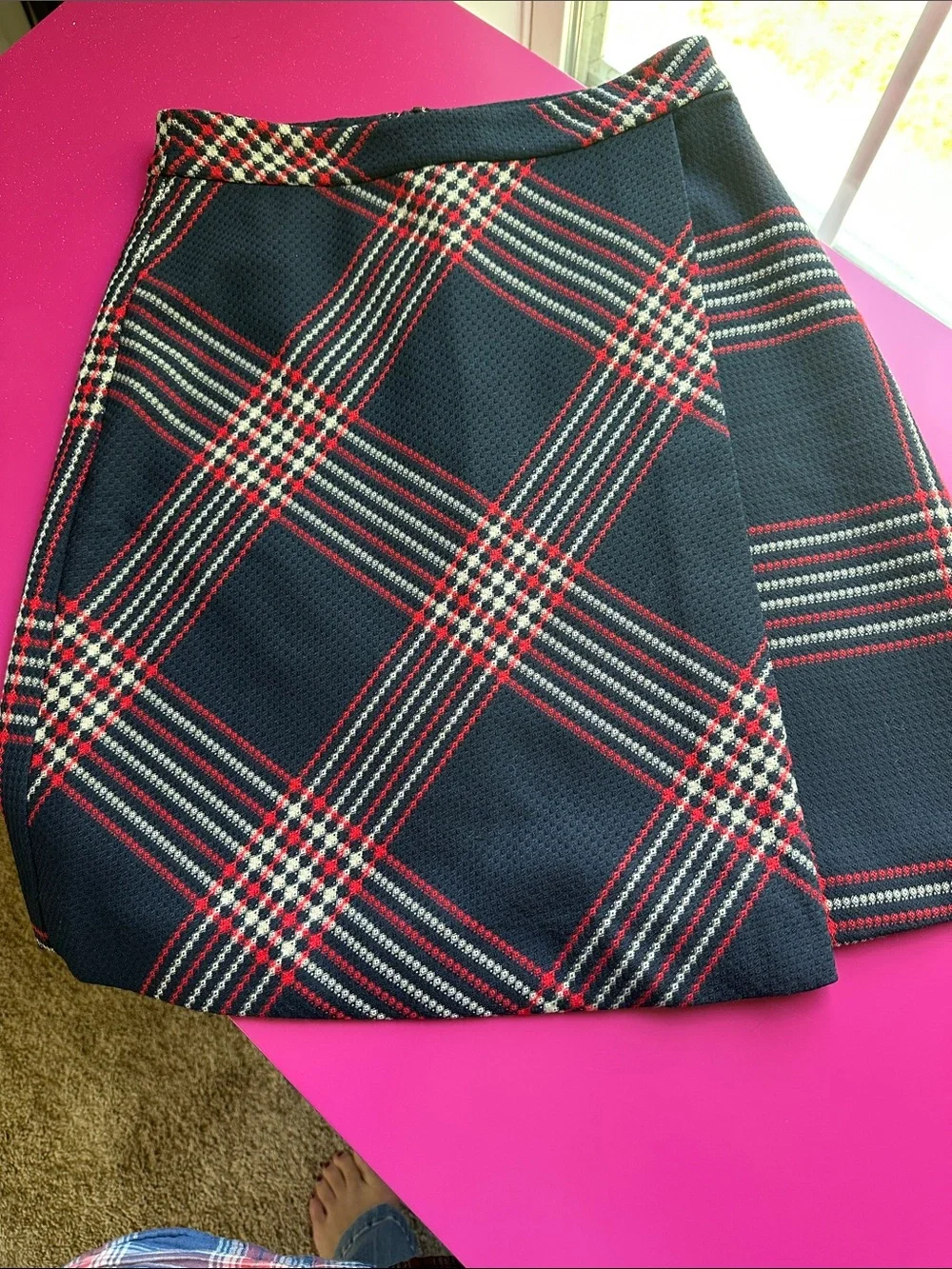 Halogen Navy Plaid A-Line Skirt with Red Accent